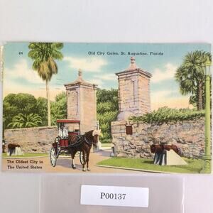 Vintage St Augustine Florida Linen Postcard Oldest City Gates 1949 Horse Buggy